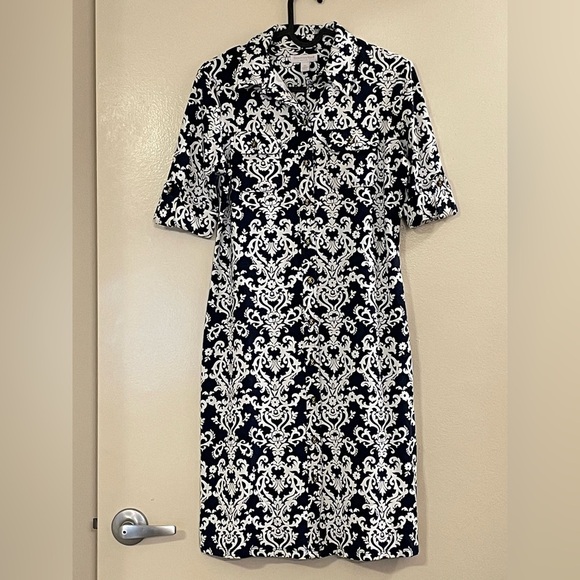 CHARTER CLUB NWOT Roll Up Sleeve Button Front Collared Dress in Navy and White - Picture 1 of 4
